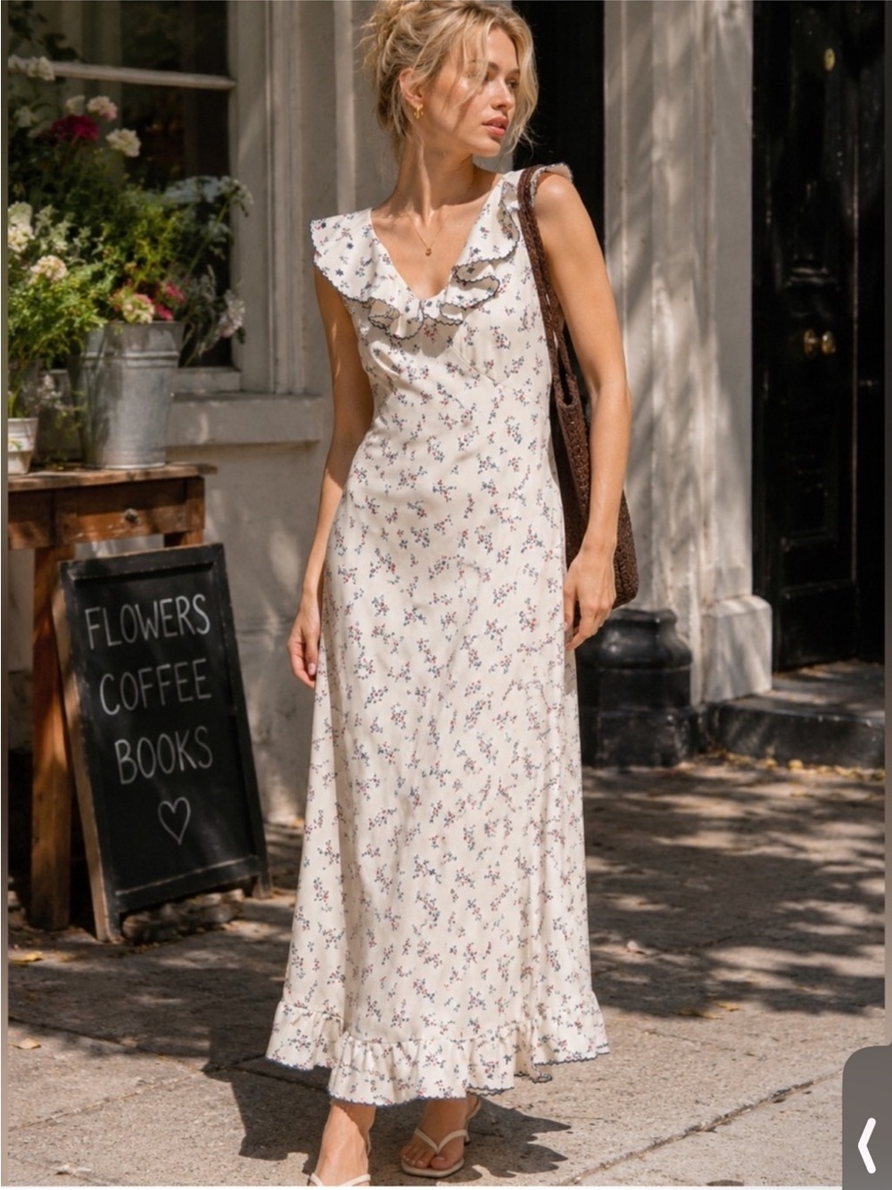 Caroline Constas Floral Satin Ruffle Slip Dress White Blue sizeM NWT coquette